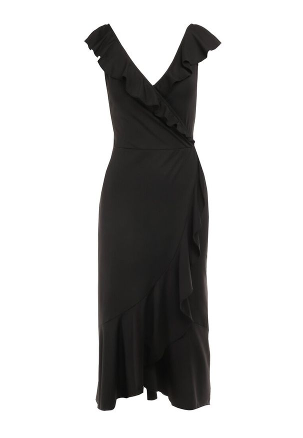 Born2be - Czarna Sukienka Harmothee. Okazja: na imprezę. Kolor: czarny. Materiał: tkanina, wiskoza. Długość rękawa: bez rękawów. Wzór: jednolity, gładki, aplikacja. Typ sukienki: kopertowe. Styl: wizytowy. Długość: mini