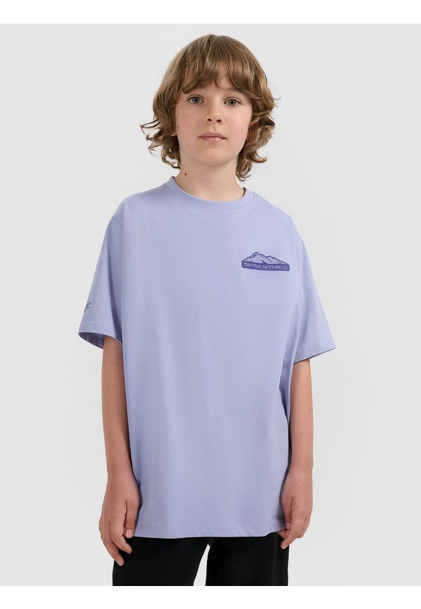 4f - 4F T-shirt oversize z nadrukiem chłopięcy - fioletowy 146 (10-11 lat). Okazja: na co dzień, na uczelnię. Kolor: niebieski. Materiał: dzianina, materiał, dresówka, bawełna, skóra, jeans. Wzór: nadruk. Sezon: lato. Styl: casual
