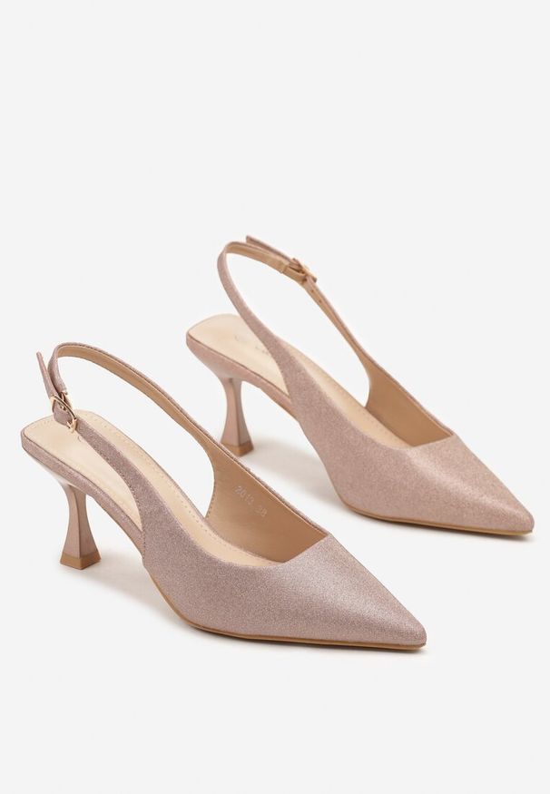 Renee - Szampańskie Sandały Slingback na Klepsydrze Zdobione Brokatem Reolina. Okazja: na co dzień. Kolor: złoty. Materiał: jeans. Wzór: aplikacja. Obcas: na obcasie. Styl: klasyczny, casual, elegancki. Wysokość obcasa: średni