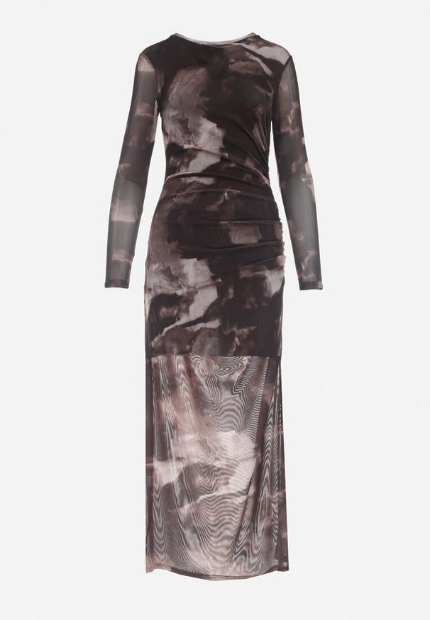 Born2be - Brązowa Siateczkowa Sukienka Maxi z Marszczeniem i Rozcięciem Valpuri. Kolor: brązowy. Materiał: tkanina. Wzór: aplikacja. Styl: elegancki. Długość: maxi