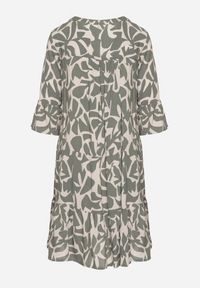 Born2be - Ciemnozielona Wiskozowa Rozkloszowana Sukienka z Abstrakcyjnym Wzorem Liracalia. Okazja: na co dzień. Kolor: zielony. Materiał: wiskoza. Styl: elegancki, casual