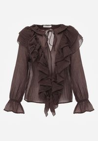 Renee - Brązowa Bluzka z Lyocellem w Stylu Boho z Wiązaniem pod Szyją i Falbanami Tasimi. Okazja: na co dzień. Kolor: brązowy. Materiał: jeans. Styl: boho #7