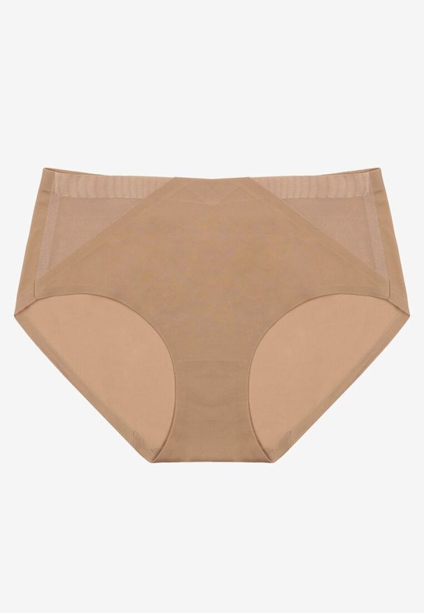 Renee - Beżowe Majtki Figi High Waist z Bezszwowym Wykończeniem Kolaniris. Stan: podwyższony. Kolor: beżowy. Materiał: jeans