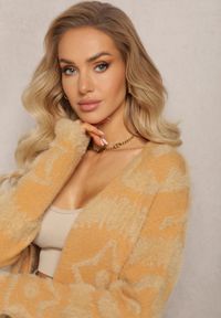 Renee - Brązowy Długi Kardigan Puszysty Aborra. Kolekcja: plus size. Kolor: brązowy. Materiał: dzianina, tkanina. Długość: długie. Wzór: aplikacja #4
