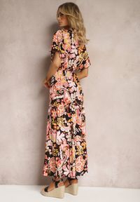 Renee - Czarno-Różowa Bawełniana Sukienka Letnia Ozdobiona Kolorowym Wzorem Boho z Gumką w Pasie Pythia. Kolor: czarny. Materiał: bawełna. Wzór: aplikacja, kolorowy. Sezon: lato. Styl: boho #3