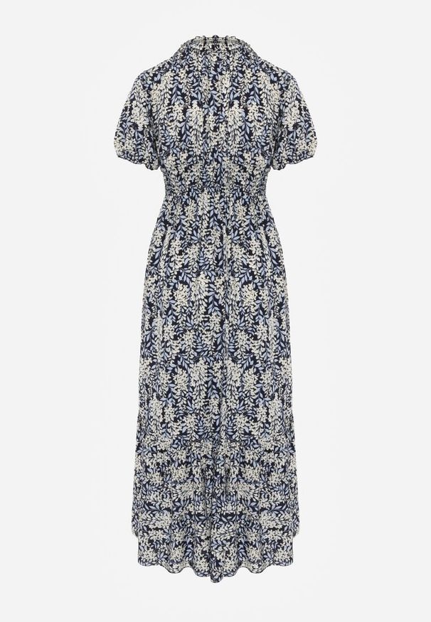 Renee - Granatowa Trapezowa Sukienka z Bawełny z Bufiastymi Rękawami Falbaną i Gumką w Talii Vimayana. Typ kołnierza: dekolt w kształcie V. Kolor: niebieski. Materiał: bawełna. Typ sukienki: trapezowe