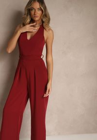 Renee - Bordowy Kombinezon o Taliowanym Kroju z Dekoltem Halter i Wiązanym Paskiem Malisena. Okazja: na imprezę, na randkę, na co dzień. Kolor: czerwony. Styl: casual, elegancki #5
