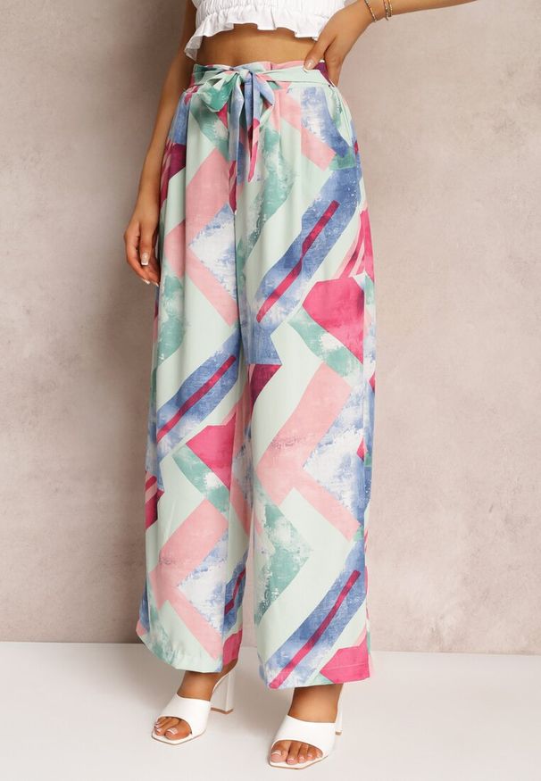 Renee - Miętowe Spodnie z Szerokimi Nogawkami i Gumką z Wiązaniem w Pasie Maselia. Kolor: miętowy. Materiał: tkanina. Wzór: kolorowy