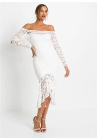 Sukienka z koronką bonprix biel wełny. Okazja: na wesele, na ślub cywilny. Kolor: biały. Materiał: wełna, koronka. Wzór: koronka #5