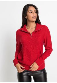 bonprix - Sweter ze stójką we wzór w warkocze. Typ kołnierza: kołnierzyk stójkowy. Kolor: czerwony #1