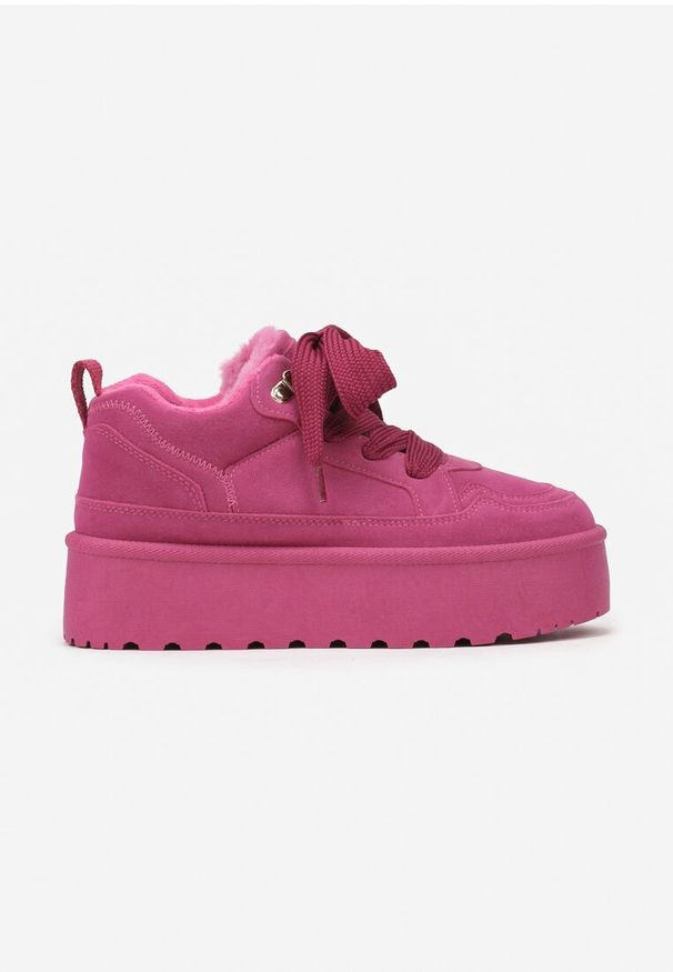 Renee - Fuksjowe Sneakersy Vices Stylizowane na Śniegowce na Platformie Obszyte Futerkiem Naleris. Zapięcie: sznurówki. Kolor: różowy. Materiał: futro. Obcas: na platformie