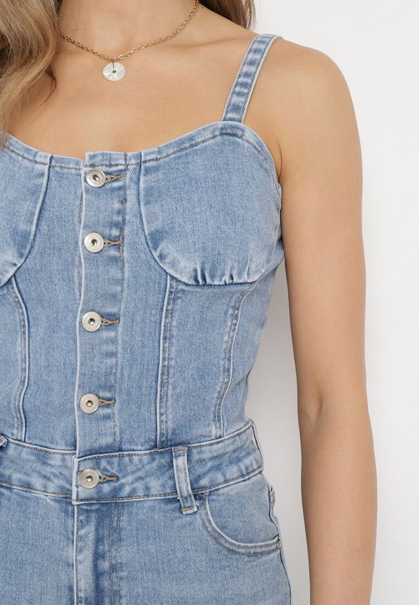 Born2be - Niebieski Jeansowy Kombinezon z Bawełny na Ramiączkach z Prostymi Nogawkami Laelliana. Kolor: niebieski. Materiał: bawełna, jeans. Długość rękawa: na ramiączkach. Sezon: lato