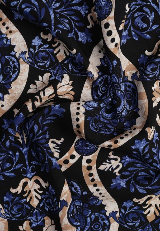 Renee - Czarno-Granatowe Spodnie Szerokie z Wiskozy w Ornamentalny Wzór High Waist Cramelia. Stan: podwyższony. Kolor: czarny. Materiał: wiskoza. Długość: długie