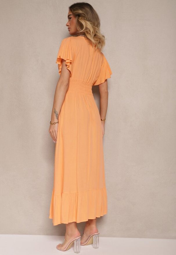 Renee - Pomarańczowa Rozkloszowana Sukienka z Wiskozy z Kopertowym Dekoltem Rellrive. Okazja: na co dzień. Kolor: pomarańczowy. Materiał: wiskoza. Długość rękawa: krótki rękaw. Typ sukienki: kopertowe. Styl: casual, klasyczny