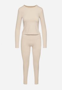 Born2be - Jasnobeżowy Komplet Sportowy Legginsy i Bluzka z Długim Rękawem Toretta. Kolor: beżowy. Wzór: aplikacja #3