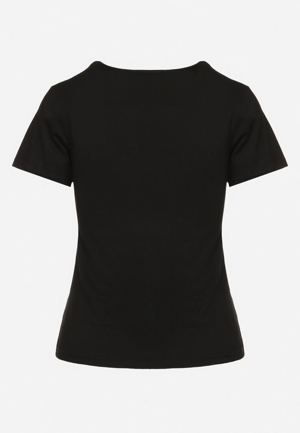 Born2be - Czarny T-shirt Koszulka z Trójkątnym Dekoltem z Bawełny Ozdobiona Nadrukiem Elanoa. Okazja: na co dzień. Kolor: czarny. Materiał: bawełna. Wzór: aplikacja, nadruk. Styl: elegancki, casual