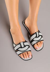 Renee - Czarno-Białe Klapki z Ozdobnymi Paskami Silferia. Okazja: na co dzień. Kolor: czarny. Materiał: jeans. Wzór: paski. Sezon: lato. Obcas: na obcasie. Styl: casual. Wysokość obcasa: niski