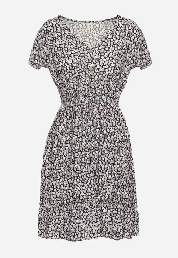 Renee - Czarno-Biała Sukienka z Bawełny w Kwiatki z Elastyczną Gumką w Pasie i Krótkimi Rękawami Nahone. Typ kołnierza: dekolt w kształcie V. Kolor: niebieski. Materiał: bawełna. Długość rękawa: krótki rękaw. Wzór: kwiaty. Sezon: lato. Typ sukienki: rozkloszowane