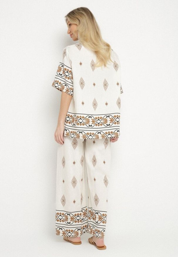 Born2be - Beżowy Komplet Wiskozowy Bluzka i Spodnie w Boho Wzór Divenna. Kolor: beżowy. Materiał: wiskoza. Wzór: aplikacja