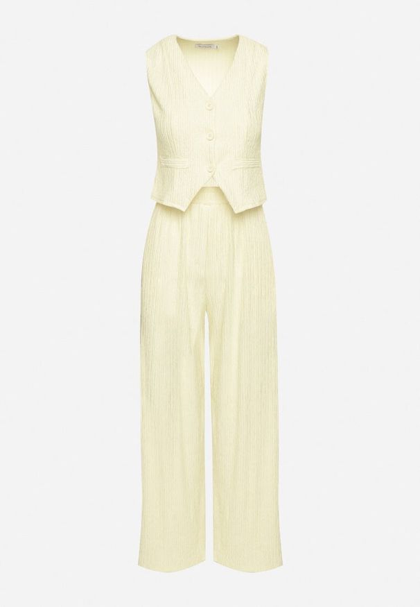 Born2be - Żółty Komplet w Garniturowym Stylu Kamizelka i Spodnie z Gumką w Talii Filenisse. Kolor: żółty. Wzór: aplikacja