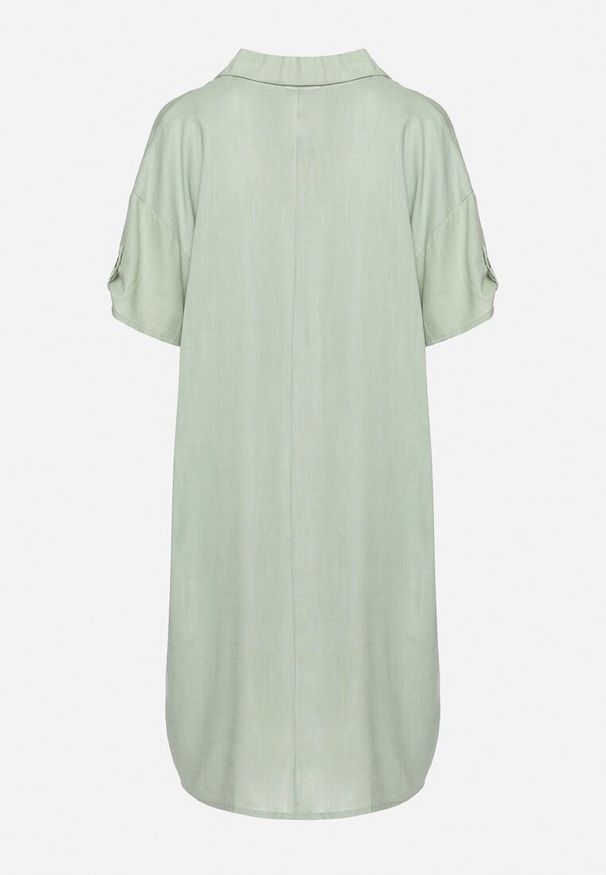 Born2be - Zielona Pudełkowa Sukienka z Bawełny z Podwijanymi Rękawami Carinea. Okazja: na co dzień, do pracy, na spotkanie biznesowe. Typ kołnierza: dekolt w serek. Kolor: zielony. Materiał: bawełna. Styl: biznesowy, klasyczny, casual, elegancki