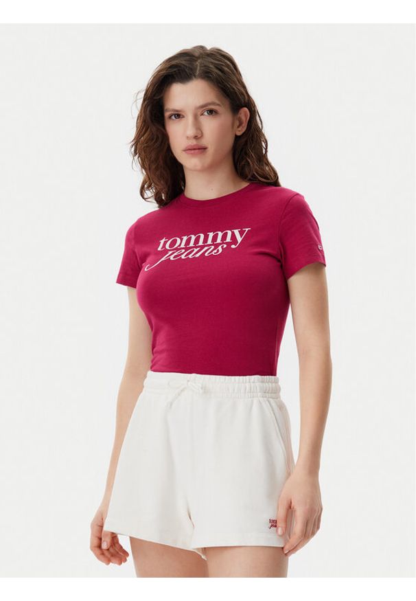 Tommy Jeans T-Shirt Essential DW0DW19447 Różowy Slim Fit. Kolor: różowy. Materiał: bawełna