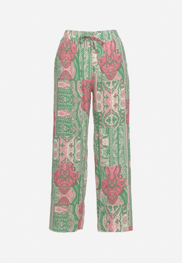 Born2be - Zielono-Różowe Spodnie Palazzo z Wiskozy z Gumką w Talii Lirfea. Okazja: na co dzień. Kolor: zielony. Materiał: wiskoza. Styl: boho, klasyczny, elegancki, casual