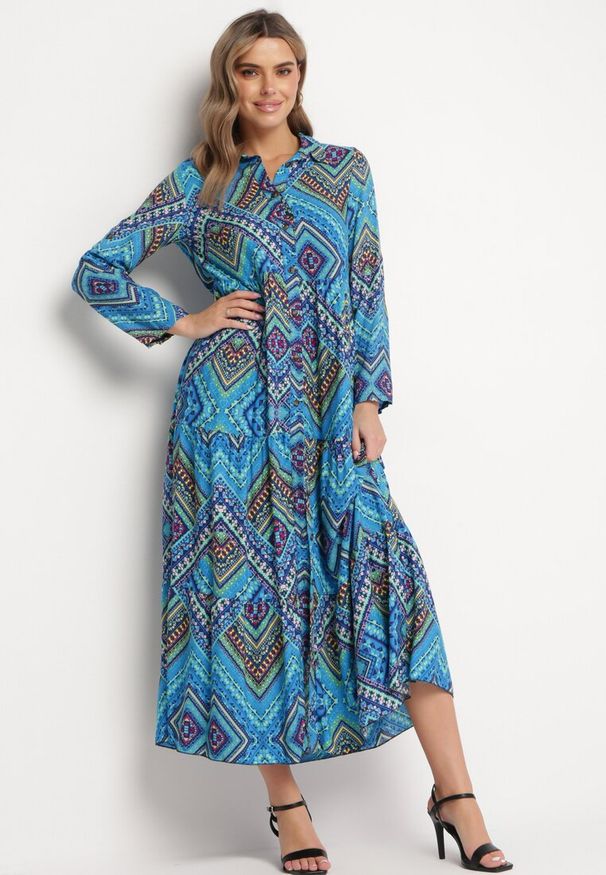 Born2be - Niebieska Bawełniana Sukienka Koszulowa Maxi w Stylu Boho Hlevana. Kolor: niebieski. Materiał: bawełna. Typ sukienki: koszulowe. Styl: boho. Długość: maxi