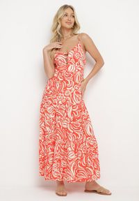 Born2be - Pomarańczowa Sukienka z Bawełną i Wiskozą na Cienkich Ramiączkach z Regulacją z Paskiem Dimite. Kolor: pomarańczowy. Materiał: wiskoza, bawełna. Długość rękawa: na ramiączkach. Wzór: aplikacja. Styl: klasyczny #4