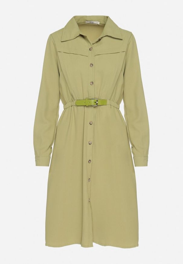 Born2be - Ciemnozielona Sukienka Midi z Gumką w Pasie i Dodatkowym Paskiem ze Sprzączką Zawadi. Kolor: zielony. Styl: elegancki. Długość: midi