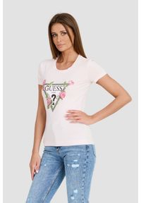 Guess - GUESS Różowy damski t-shirt Floral Triangle Tee, Rozmiar M. Kolor: różowy #6