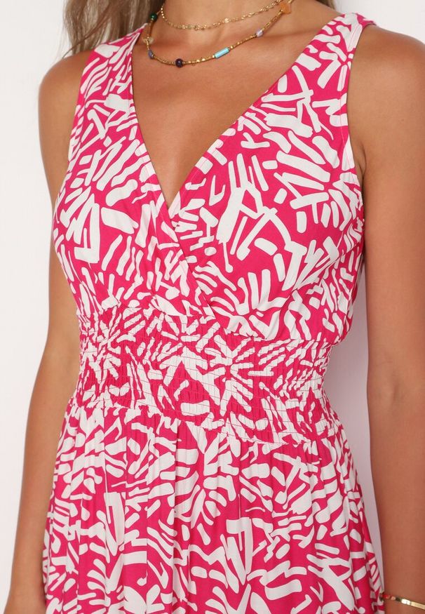 Born2be - Fuksjowa Bawełniana Sukienka o Taliowanym Kroju z Gumką w Talii i Wiązaniem na Szyi Xenena. Kolor: różowy. Materiał: bawełna