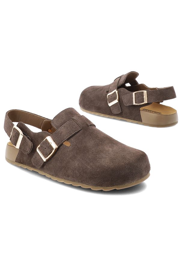 Sandały damskie Artiker, cholewka ze skóry naturalnej zamszowej wsuwany fason z paskiem wokół pięty, brązowe, 58C0331. Zapięcie: pasek. Kolor: brązowy. Materiał: skóra, zamsz