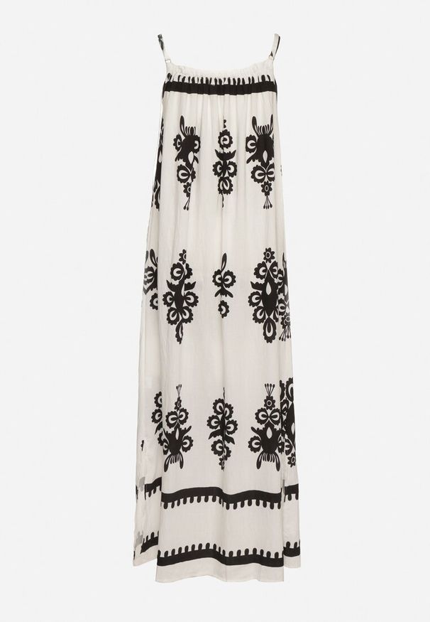 Born2be - Biała Sukienka o Rozkloszowanym Kroju na Ramiączkach w Etniczny Wzór Revoniae. Okazja: na co dzień. Typ kołnierza: dekolt w kształcie V. Kolor: biały. Długość rękawa: na ramiączkach. Styl: elegancki, casual