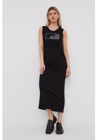 Love Moschino sukienka bawełniana kolor czarny maxi prosta. Okazja: na co dzień. Kolor: czarny. Materiał: bawełna. Wzór: aplikacja. Typ sukienki: proste. Styl: casual. Długość: maxi #1