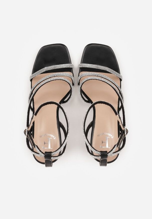 Renee - Czarne Sandały na Szpilce z Paskami z Cyrkonii Miefia. Okazja: na imprezę. Zapięcie: pasek. Kolor: czarny. Wzór: aplikacja. Sezon: lato. Obcas: na szpilce. Styl: klasyczny, elegancki