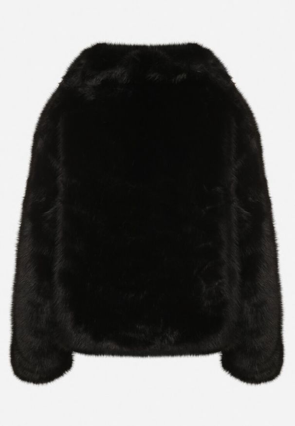 Born2be - Czarna Jednorzędowa Kurtka Futerko z Szerokim Kołnierzem Conellia. Okazja: na co dzień. Kolor: czarny. Materiał: futro. Styl: casual, elegancki