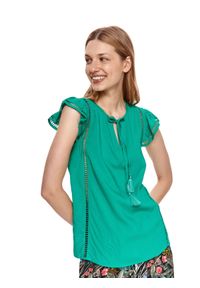 TOP SECRET - Bluzka z wiązaniem pod szyją. Kolor: zielony. Materiał: tkanina. Długość: krótkie. Wzór: ażurowy #5