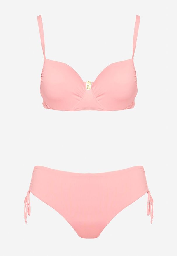 Renee - Różowe Bikini Biustonosz z Usztywnianymi Miseczkami Majtki Figi Ozdobione Troczkami Tamarie. Kolor: różowy. Wzór: aplikacja