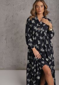 Renee - Niebieska Wiskozowa Sukienka o Rozkloszowanym Kroju z Guzikami przy Dekolcie Seave. Okazja: na co dzień. Kolor: niebieski. Materiał: wiskoza. Wzór: nadruk. Typ sukienki: rozkloszowane, oversize. Styl: boho, casual #8