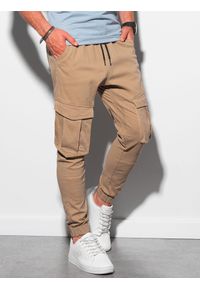 Ombre Clothing - Spodnie męskie joggery - camel P886 - XXL. Materiał: bawełna, elastan. Styl: klasyczny
