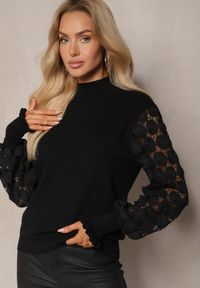 Renee - Czarny Półgolf Sweter z Wiskozą Ściągaczem i Koronką Liasara. Kolor: czarny. Materiał: koronka, wiskoza. Wzór: koronka. Sezon: zima #5