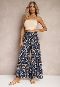 Renee - Czarno-Niebieskie Spodnie z Wiskozy z Szerokimi Nogawkami High Waist Wykończone Gumką w Talii Risettasmi. Stan: podwyższony. Kolor: czarny. Materiał: wiskoza. Sezon: lato #4