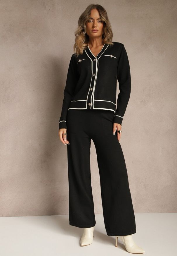 Renee - Czarny Komplet z Dzianiny Spodnie Wide Leg i Retro Kardigan Giosila. Kolekcja: plus size. Kolor: czarny. Materiał: dzianina