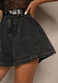 Renee - Czarne Szorty z Bawełny High Waist Ozdobione Paskiem Saromine. Okazja: na co dzień. Stan: podwyższony. Kolor: czarny. Materiał: bawełna. Wzór: aplikacja. Styl: casual #3