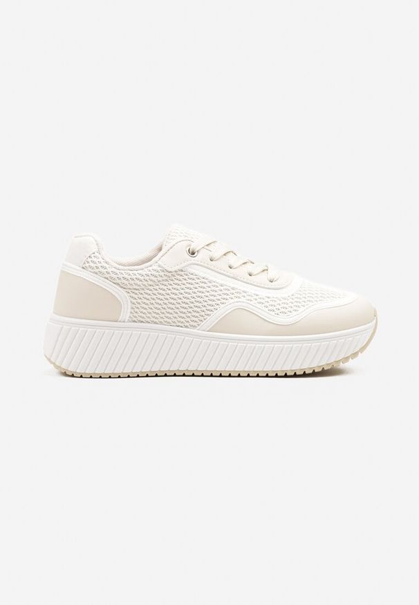 Renee - Beżowo-Białe Sneakersy na Tłoczonej Platformie Wilaria. Okazja: na co dzień. Kolor: beżowy. Materiał: jeans. Obcas: na platformie