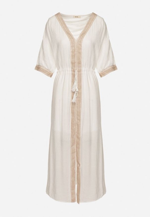 Born2be - Biała Wiskozowa Sukienka z Ażurową Lamówką Aravellea. Okazja: na co dzień. Typ kołnierza: dekolt w serek. Kolor: biały. Materiał: wiskoza. Wzór: ażurowy. Styl: elegancki, casual