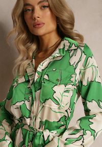 Renee - Zielona Sukienka Koszulowa z Wiązanym Paskiem Rume. Kolor: zielony. Materiał: materiał. Wzór: kwiaty. Sezon: lato, wiosna. Typ sukienki: koszulowe #3