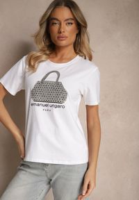 Renee - Biały T-shirt z Bawełny z Napisem i Cyrkoniami Sanadriena. Okazja: na co dzień. Kolor: biały. Materiał: bawełna. Wzór: napisy. Styl: klasyczny, casual, elegancki #3