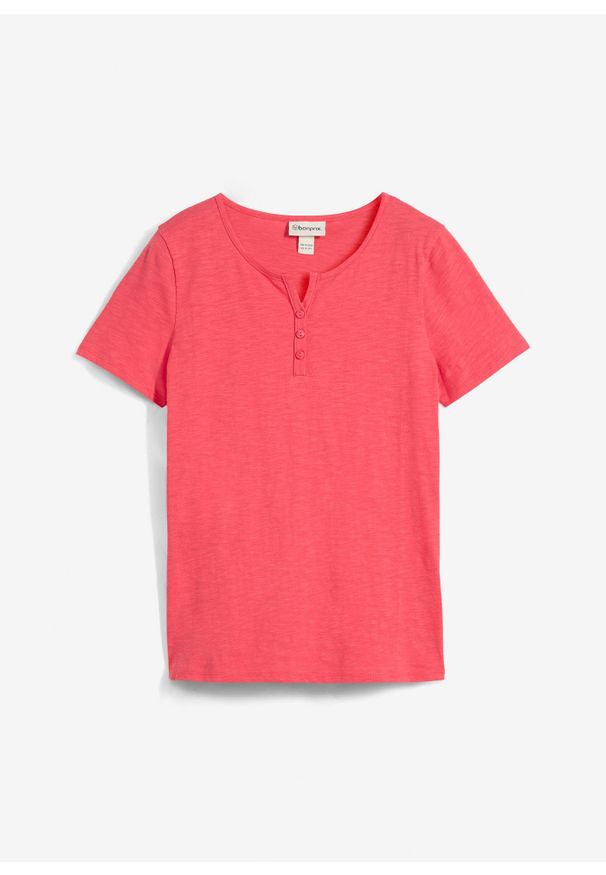 bonprix - Shirt z dekoltem henley, z czystej bawełny organicznej. Typ kołnierza: typu henley. Kolor: różowy. Materiał: bawełna. Wzór: gładki